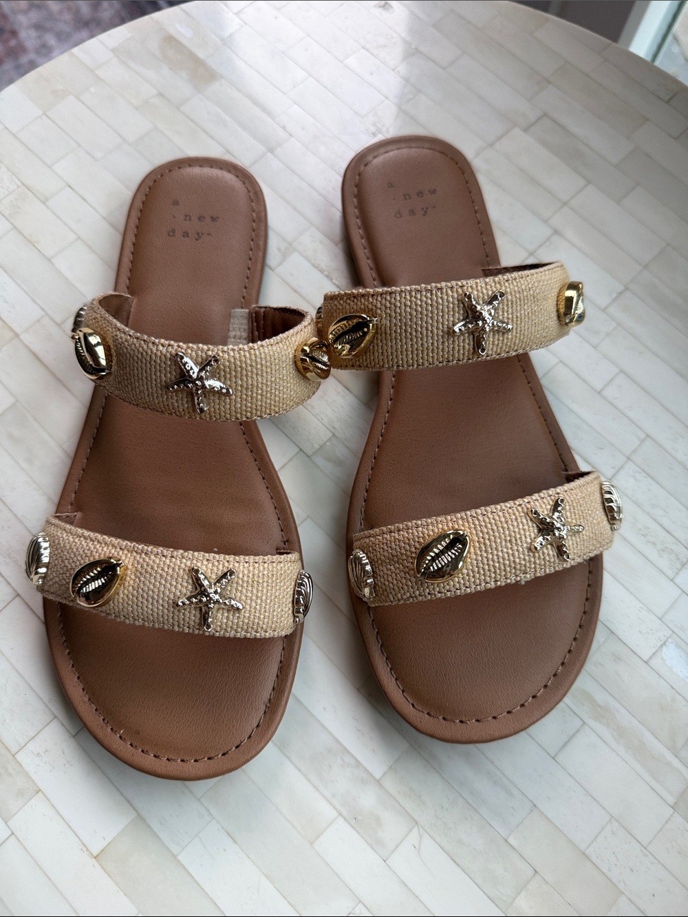 New Day Women’s Tan Embellished Double-Strap Sandal size 7